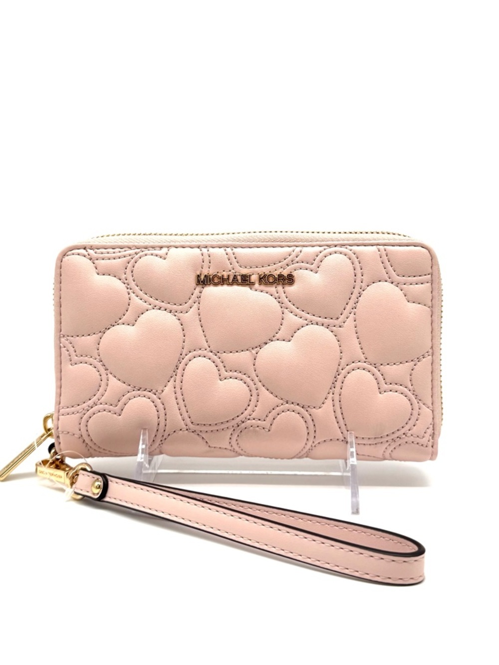Michael Kors Large Quilted Heart Flat MF Phone Case Wallet Powder Blush